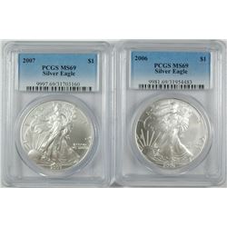 2006 & 2007 AMERICAN SILVER EAGLES, PCGS MS-69