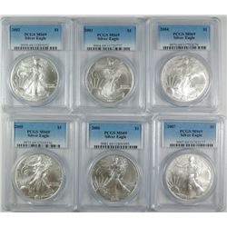 2002, 2003, 2004, 2005, 2006 & 2007 AMERICAN SILVER EAGLES, PCGS MS-69 NICE RUN!
