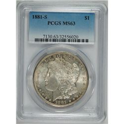 1881-S MORGAN SILVER DOLLAR, PCGS, MS-63