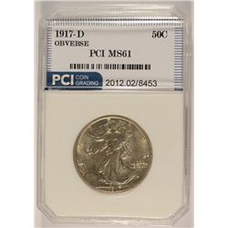 1917-D OBVERSE WALKING LIBERTY HALF DOLLAR, PCI MS-61 RARE!