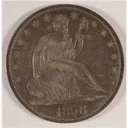1858 SEATED LIBERTY HALF DOLLAR, XF/AU