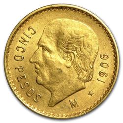 1906 Mexico Gold 5 Pesos AU. OLD DATE