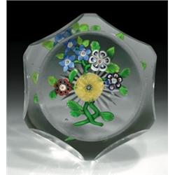 Rare antique Baccarat seven-flower bouquet paperweight, containing a central yellow pompon compri...