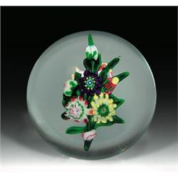 Very rare antique Clichy five-flower bouquet paperweight, of stacked lampwork and millefiori flow...