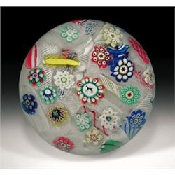 Outstanding antique Bohemian scattered millefiori paperweight, with a central horse silhouette ca...
