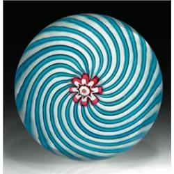 Antique Clichy swirl paperweight, with alternating bands of turquoise and white, emanating from a...