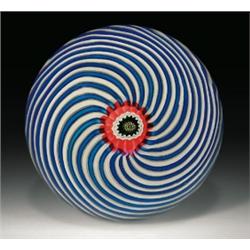 Antique Clichy swirl paperweight, with alternating threads of cobalt blue and white, radiating fr...