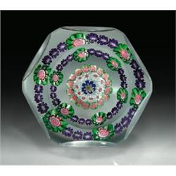 Antique Clichy concentric millefiori faceted paperweight, with a cobalt blue, pale yellow, and wh...