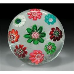 Antique Clichy miniature spaced complex millefiori paperweight, with canes in pink, green, red,...