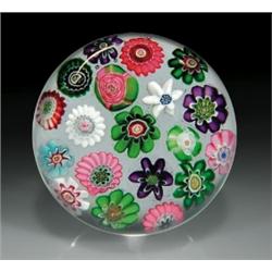 Antique Clichy miniature scattered complex millefiori paperweight, with a pair of Clichy roses, o...