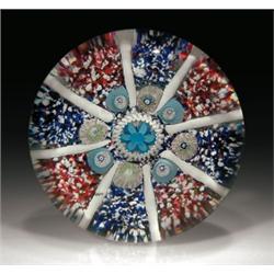 Antique Saint Louis paneled jasper and millefiori paperweight, with a central pale blue flower ca...