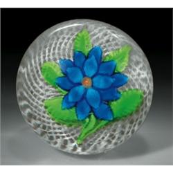 Antique Saint Louis double clematis paperweight, with a large, two-tiered, royal-blue flower, hav...