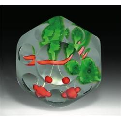 Antique Saint Louis faceted cherry paperweight, with two red cherries and three green leaves on...