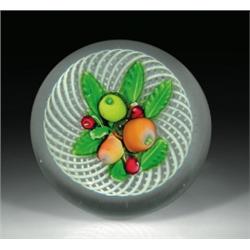 Antique Saint Louis fruit bouquet paperweight, with a green apple, two yellow-orange pears, and...