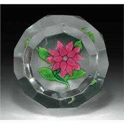 Antique Saint Louis faceted double clematis paperweight, with a double-tiered pink flower, havin...