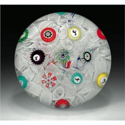 Antique Baccarat 1848 scattered complex millefiori paperweight, including seven Gridel silhouette...