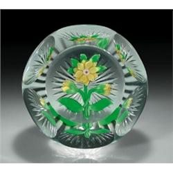 Antique Baccarat double clematis paperweight, with a pale yellow flower crowned with green leave...