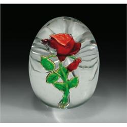 Antique Baccarat red rose oblong oval paperweight, with an encased metal rose, red bud, and green...