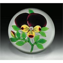 Antique Baccarat pansy paperweight, with a large purple and pale yellow pansy, having a stardust/...