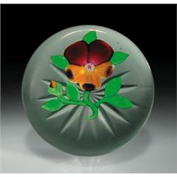 Antique Baccarat Dupont pansy paperweight, consisting of a flower with dark purple upper petals,...