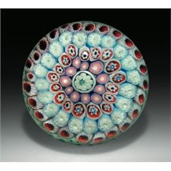 Antique Bacchus concentric complex millefiori paperweight, with a white flower-shaped cane cente...