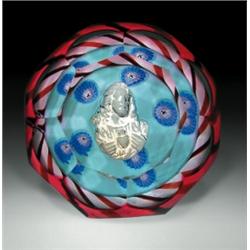Antique Val St. Lambert sulphide magnum paperweight, with a central sulphide Christ figure, surro...