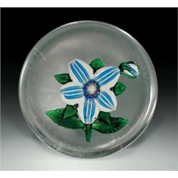 Antique Sandwich Glass Company weedflower and bud paperweight, with a large, blue-striped, white...