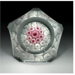 Antique Gillinder concentric millefiori paperweight, composed of a dark pink and white crimp can...