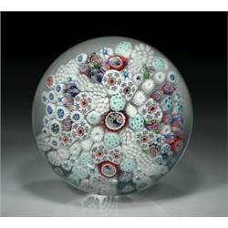 Rare antique Islington paneled complex millefiori paperweight, with four wedges of close packed...
