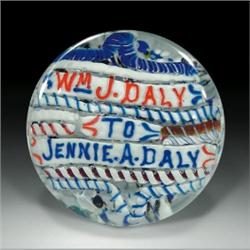 Antique American souvenir frit paperweight, with the inscription, "Wm. J. Daly to Jennie A. Daly,...