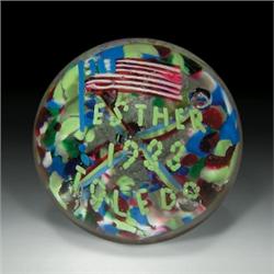 Antique American souvenir frit paperweight, depicting the U. S. flag and the words, "Esther 1933...