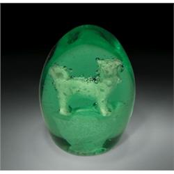 Antique Nailsea-Stourbridge dog sulphide high-domed green bottle paperweight, with a three-dimen...