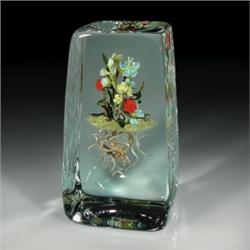 Paul Stankard environmental botanical block sculpture, with blue pine barren gentians, yellow loo...