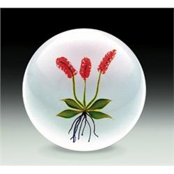 Paul Stankard 1974 floral paperweight, with three stalks of wild orange plantain, yellow-green l...
