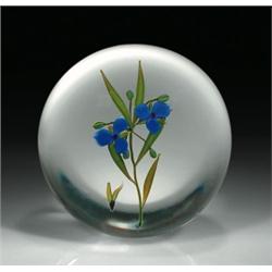 Paul Stankard floral spiderwort paperweight, with a pair of three-petal, deep blue, spiderwort fl...