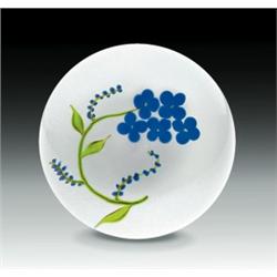 Paul Stankard 1973 blue floral paperweight, with five blue forget-me-nots, on a curved green ste...
