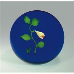 Paul Stankard floral bellwort paperweight, with a single yellow bellwort flower, having orange s...