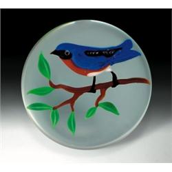 Rick Ayotte 1980 Eastern Bluebird paperweight, containing an Eastern bluebird, perched on a brow...
