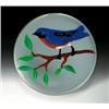 Image 1 : Rick Ayotte 1980 Eastern Bluebird paperweight, containing an Eastern bluebird, perched on a brow...