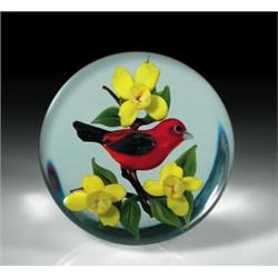Rick Ayotte 1986 miniature tanager paperweight, containing a centrally-placed dark red scarlet t...