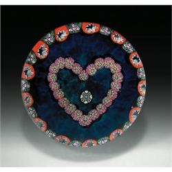 Paul Ysart millefiori heart paperweight, with a heart-shaped garland, composed of pink and white...