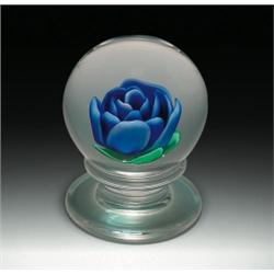 Francis Whittemore miniature crimp rose pedestal paperweight, with an upright, cobalt blue rose...