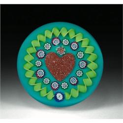 Charles Kaziun, Jr. gold heart and millefiori paperweight, with a central gold aventurine heart a...