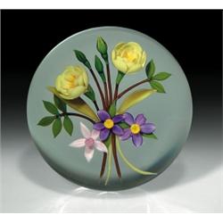 Chris Buzzini bouquet paperweight, with two yellow China roses and three buds, two purple flower...