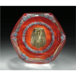 Cristal Saint-Louis 1979 King Tut paperweight, with a 24-karat gold death mask of Tutankhamen, e...