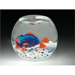 Cristal Saint-Louis 1997 fish paperweight, composed of a red mullet fish, with a white-spotted d...