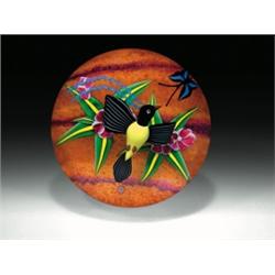 Baccarat 1997 "Flag Bird" paperweight, of a yellow-breasted black-winged bird, with two long blue...