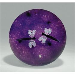 Baccarat 2000 dragonfly paperweight, of a pair of millefiori-winged purple dragonflies, facing ea...
