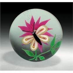 Baccarat 1971 butterfly paperweight, containing a white, yellow, and red millefiori butterfly, h...