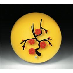 Baccarat 1987 Oriental Collection apple blossom paperweight, containing four coral-colored apple...